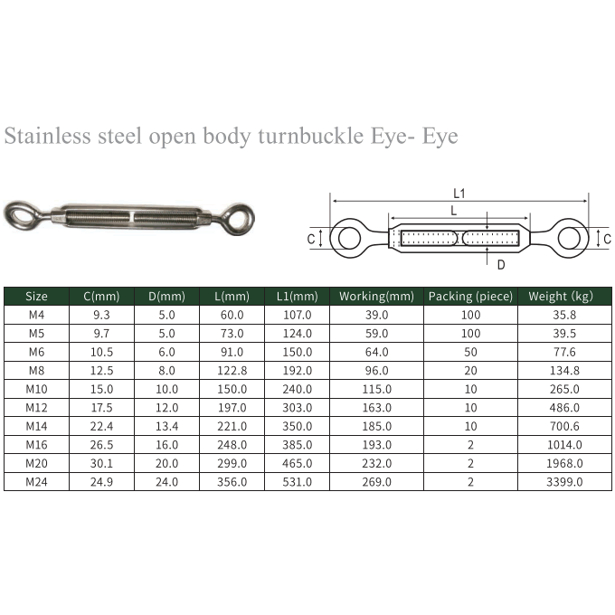 Stainless steel open body turnbuckle Eye- Eye