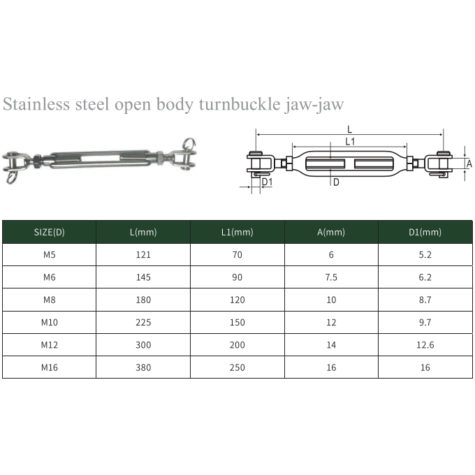 Stainless steel open body turnbuckle jaw-jaw