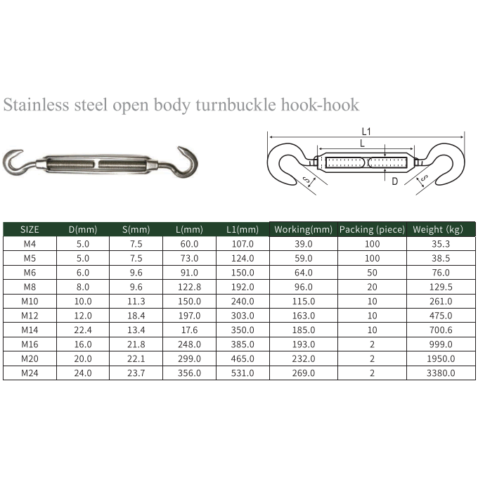 Stainless steel open body turnbuckle hook-hook