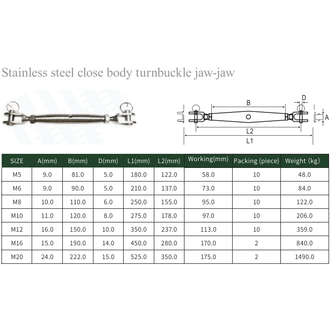 Stainless steel close body turnbuckle jaw-jaw