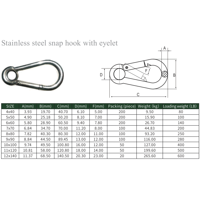 Stainless steel snap hook with eyelet