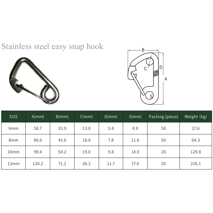 Stainless steel easy snap hook