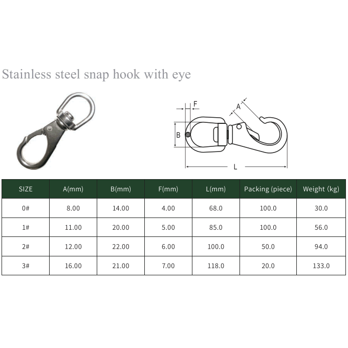 Stainless steel snap hook with eye